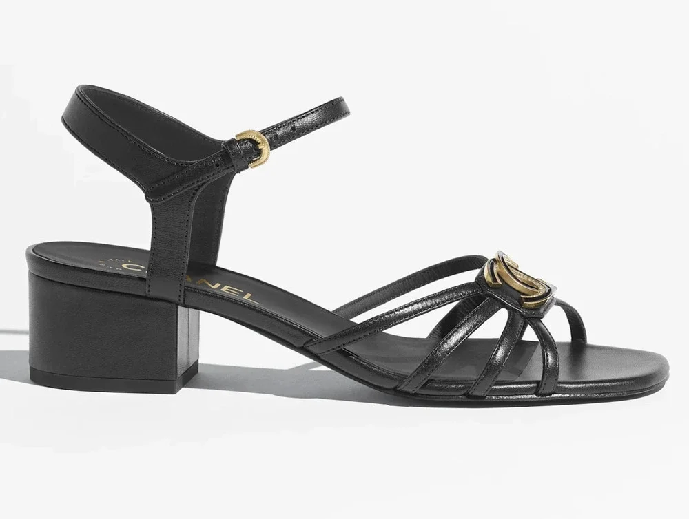 Chanel 25P Black Leather Crystal Gold CC Logo Ankle Strap Block Heel Sandal 37.5